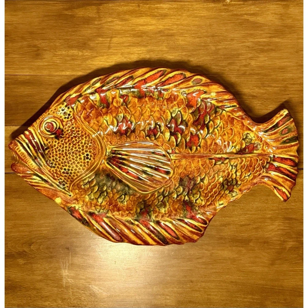 Vintage Hand Crafted Hand Glazed‎ Orange~Red~ FISH SERVING PLATTER-DECOR